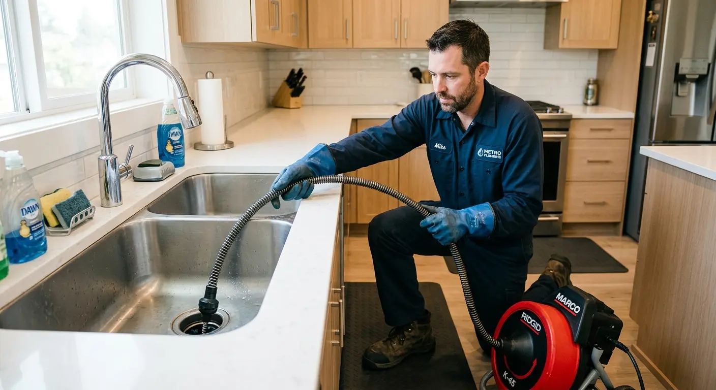 Drain cleaning technician using a motorized snake on a kitchen sink in Pottstown