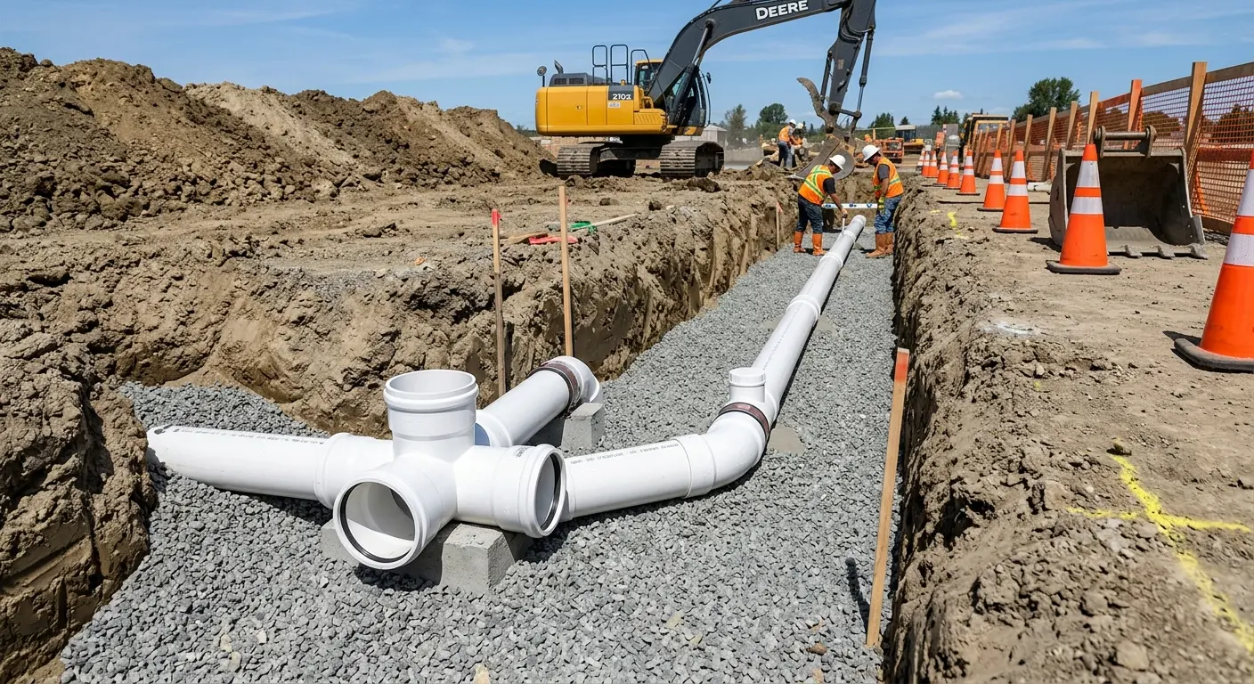 New PVC sewer pipe installation in open trench for Commercial Drain Cleaning in Pottstown